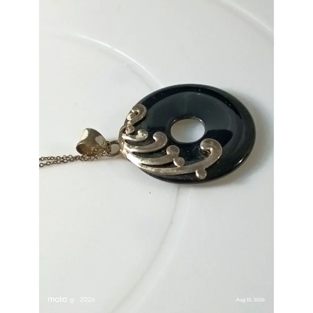 Black Donut Pendant Necklace in Wire-Wrapped Silver & Gold Motif